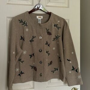 Talbots Fleece Cardigan M. Holly, Pine Embroidery